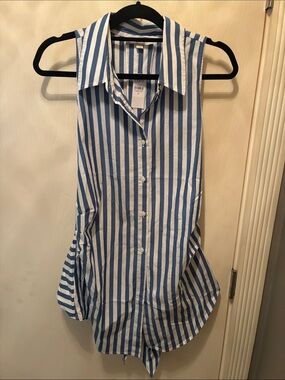 LOFT Blue and White Vertical Stripe Sleeveless Button-Down Shirt